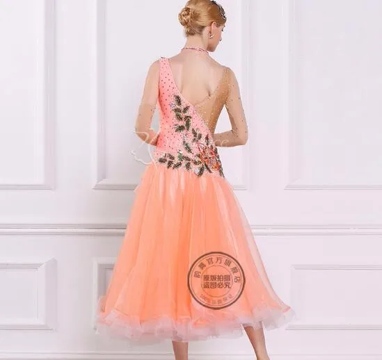 Настроить элегантное оранжевое платье пушистый цветок с длинными рукавами фокстрот Вальс Танго соревнования бальных танцев платье ручной