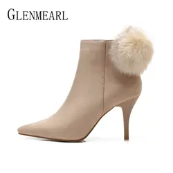 Женские ботинки, зимняя обувь на высоком каблуке, ботильоны с острым носком, женская обувь, брендовые плюшевые теплые ботинки, botas mujer, на