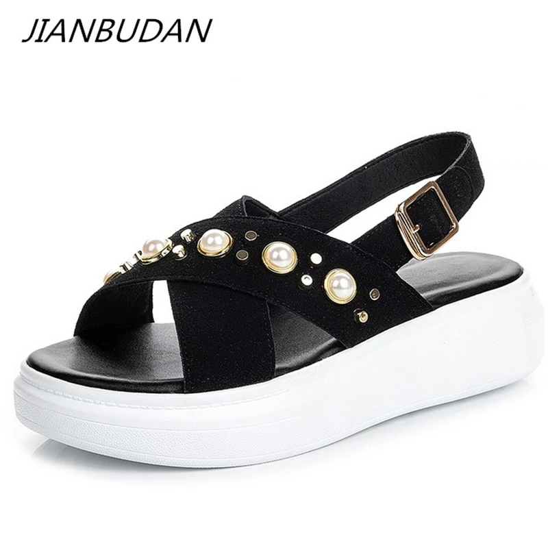 

JIANBUDAN/ Outdoor casual flat sandals Women's fashion wedge sandals Thick-soled comfortable pearl women's shoes Size 34-40
