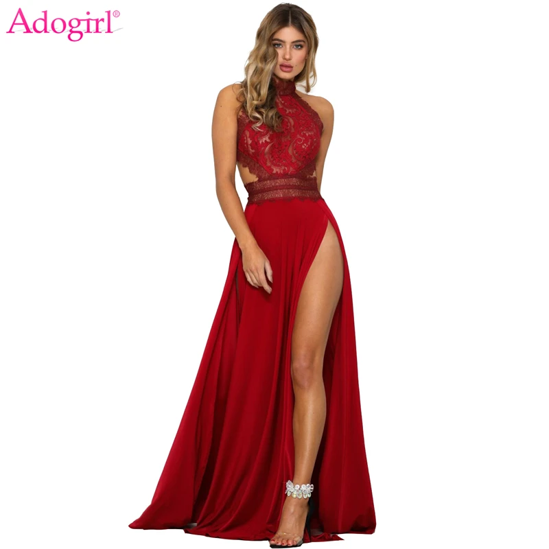 Skup Adogirl kobiety seksowna prześwitująca koronka wysokie rozcięcie Maxi suknie wieczorowe Backless letnia sukienka plażowa kobieta noc klub długi Vestidos