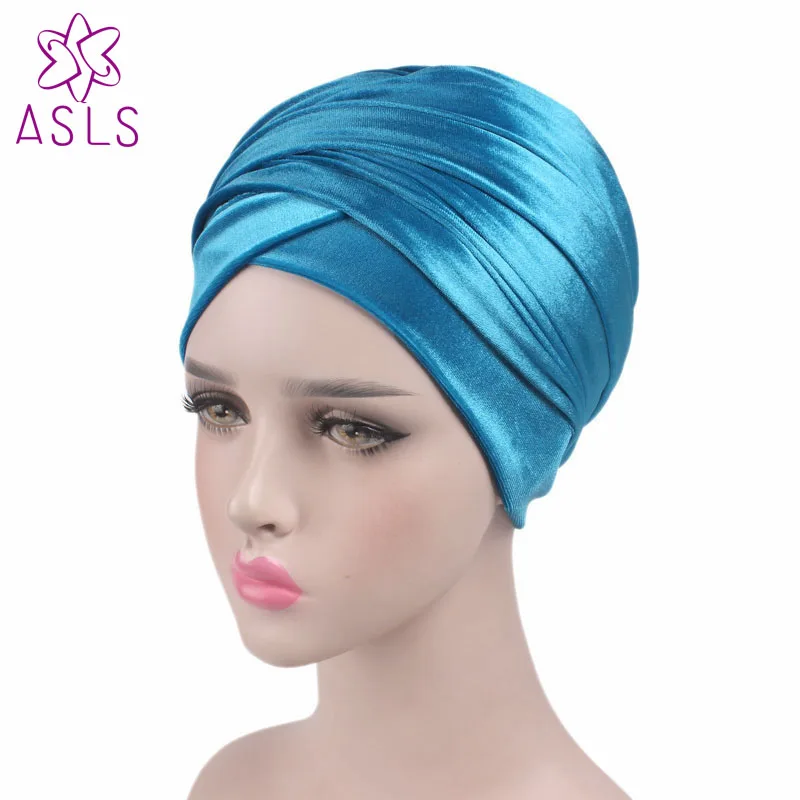 DHL, модный цельный тюрбан, очень длинный мягкий бархатный тюрбан, головной убор, хиджаб, шапка, головной шарф, разные цвета - Цвет: Небесно-голубой
