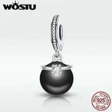 Wostu venda quente 925 prata esterlina & pérola preta com cz anel balançar charme ajuste original wst contas pulseira jóias dxc572(China)