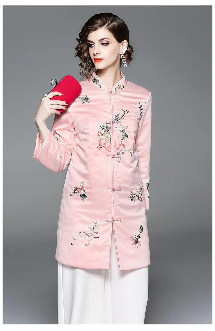 

winter original Chinese style flower Embroidered Pan button stand collar cheongsam style jacket with cotton lining for women