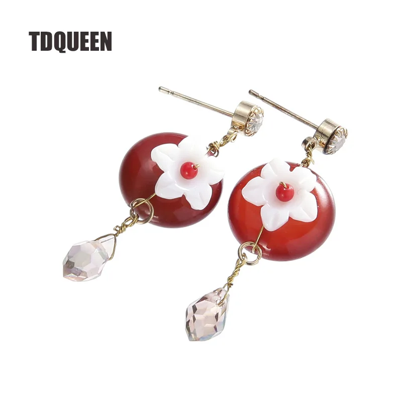 

TDQUEEN Stud Earrings Burgundy Natural Stone Women Fashion Earrings Shell Flower Brincos Dangle Bead Crystal Earring