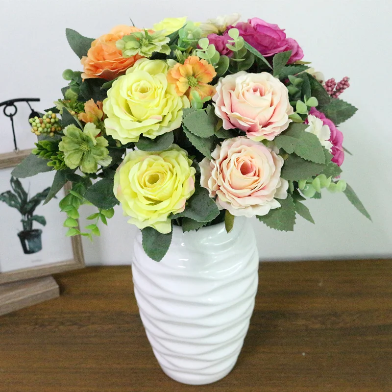 JAROWN Artificial Flowers Silk Plastic Flowers Pinecone Roses Bouquets Flower Bouquet For Wedding Home Party Decoration Decor (8)