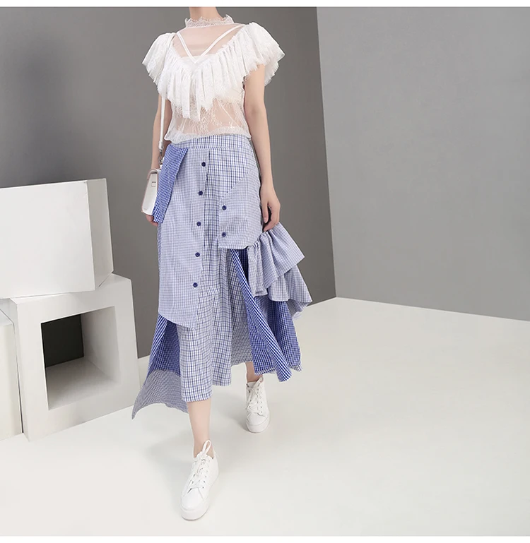 Korean Style Women Summer Asymmetrical Blue Striped Casual Skirt Ruffles Elastic Waist Ladies Stylish Skirt Robe Femme 5243