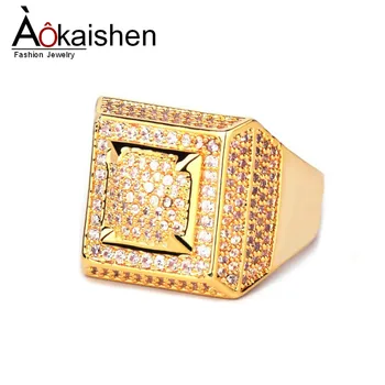 

Men's Zircon Rings Gold Color Copper Material HIP-HOP Jewelry Size 7-12