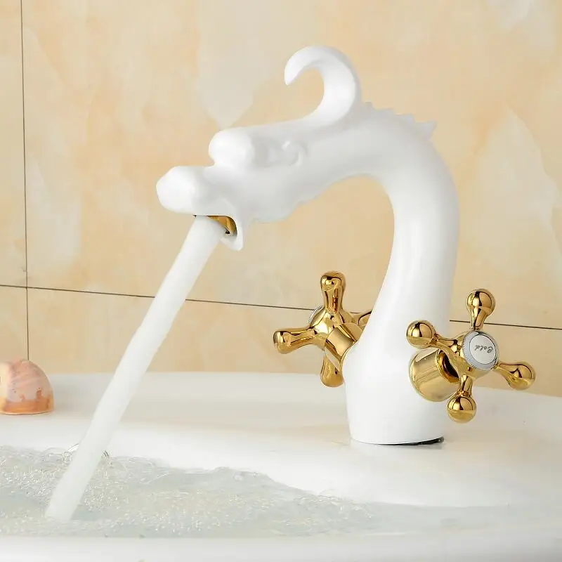 Смеситель для раковины в стиле дракона, кран для ванной комнаты, белый и золотой, смеситель для воды, кран для раковины, латунный кран для туалетной раковины, античный кран