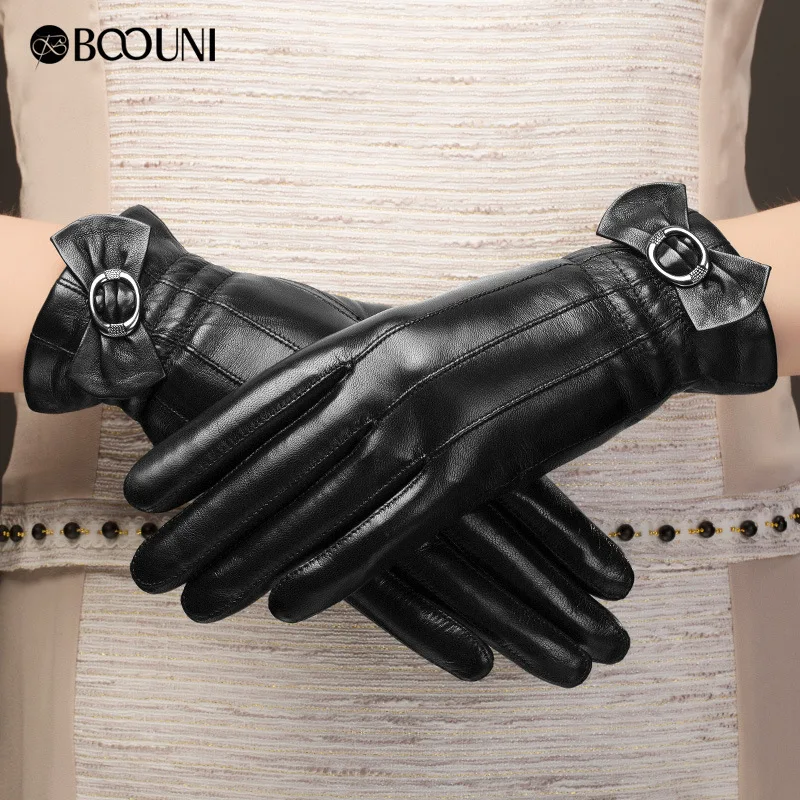 BOOUNI Genuine Leather Gloves Fashion Women  Sheepskin Glove Black Bow Winter Leather Driving Gloves Hot Trend NW216