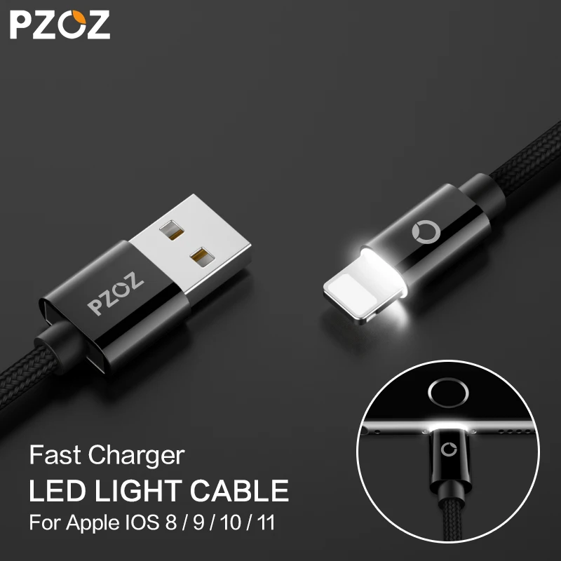 PZOZ LED الكابلات المضيئة سريع شاحن الهاتف المحمول 8 دبوس كابل يو اس بي ل iphone Xs ماكس Xr 6 s زائد X 8 7 5 SE 6 s باد كابل شحن 2 m