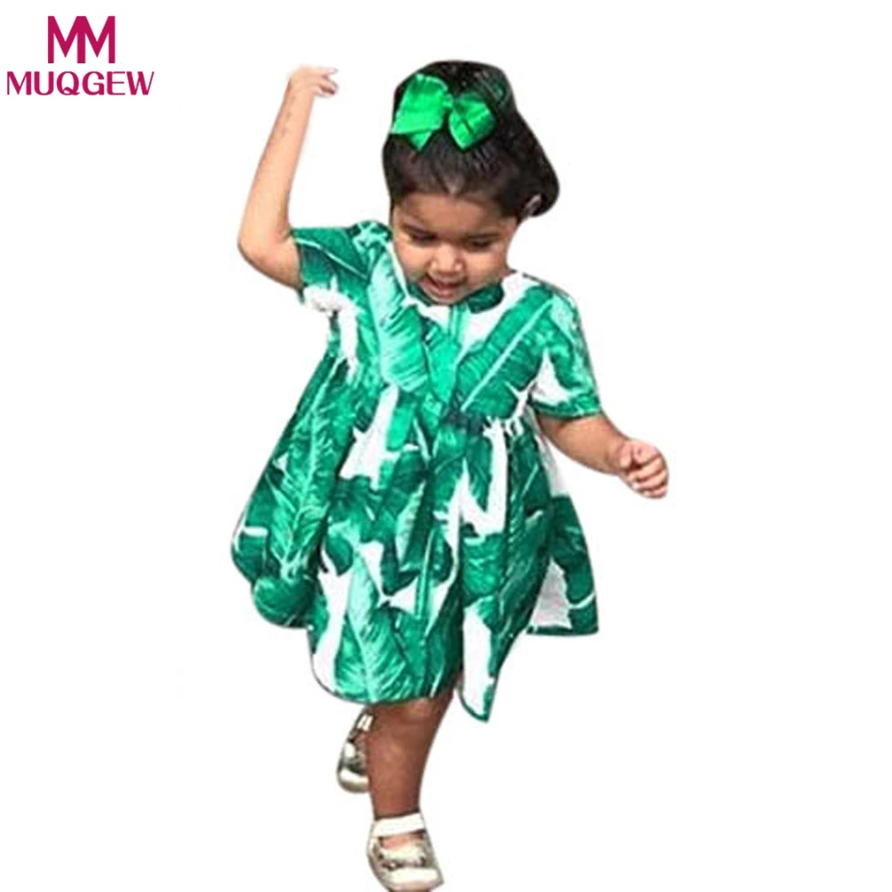 

Girls Dress 2018 Desinger Kids Party Dresses for Girls Princess Costume Green&White Tropical Printed Robe Enfant Baby Clothing