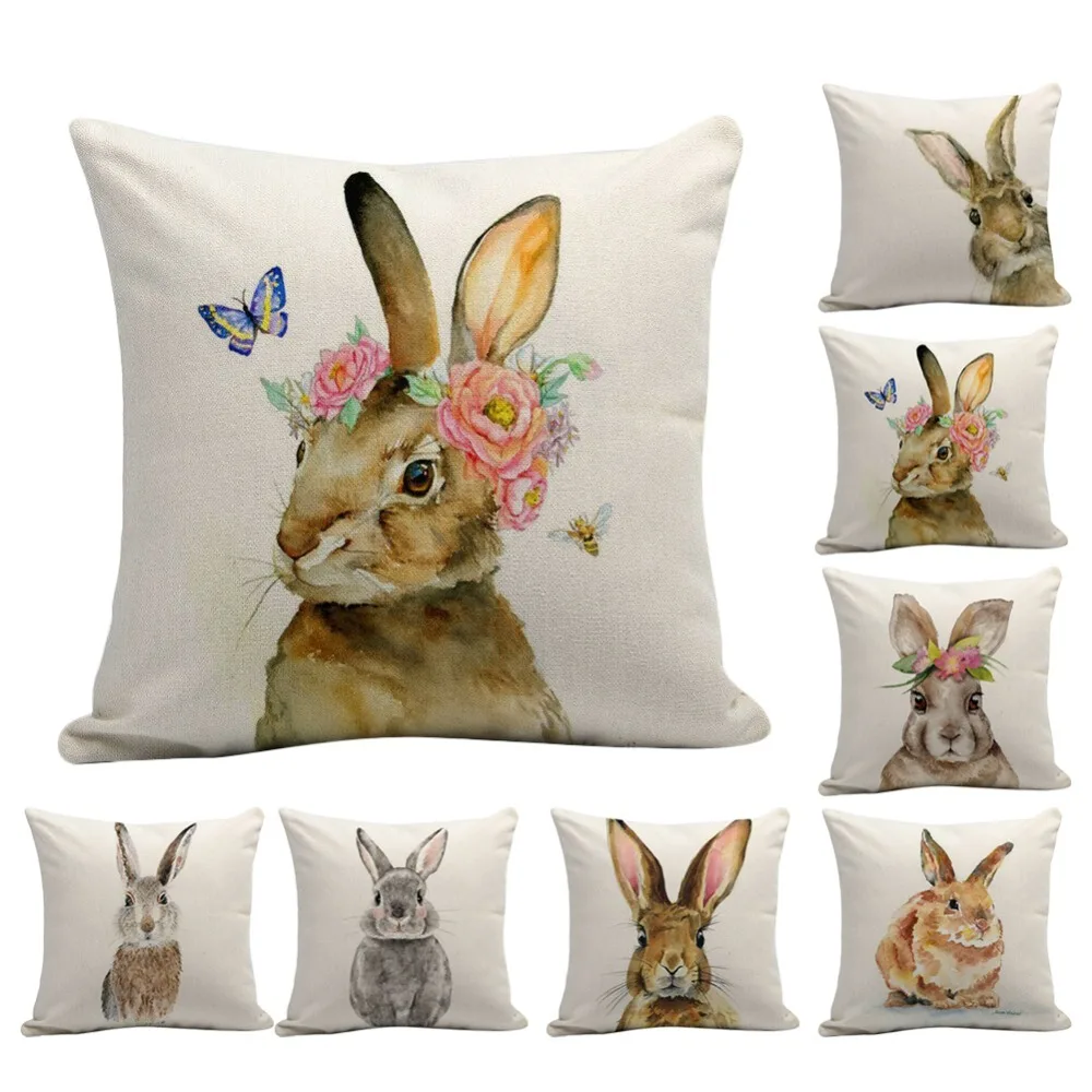 

Cute Cartoon Pillowcase Happy Easter Rabbit Eggs Decorative Pillows Cotton For Bunny Printing Cushion Cover Home Sofa Decor