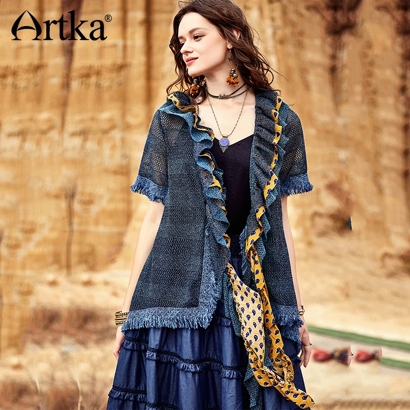 

ARTKA 2018 Autumn New Women Vintage Jacket Contrast Color Short Sleeve Fashion Ruffled Loose Coat ZA10286X