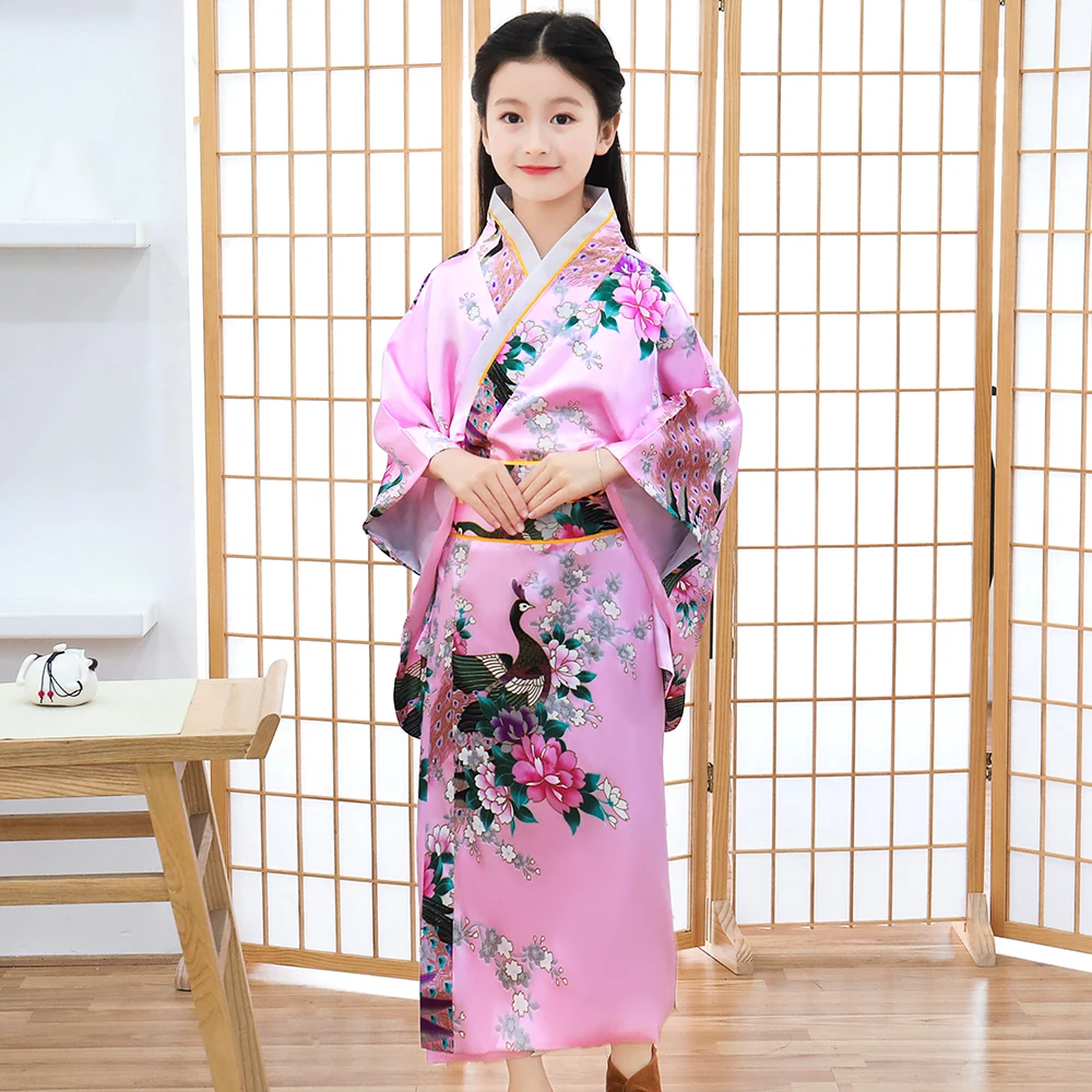 Novelty Child Girls Peacock&Flower Kimono Gown Japanese Traditional Yukata With Obi Pink Elegant Long Robe Stage Show Clothes rainbow peacock mantis shrimp socks retro lots socks with print hockey