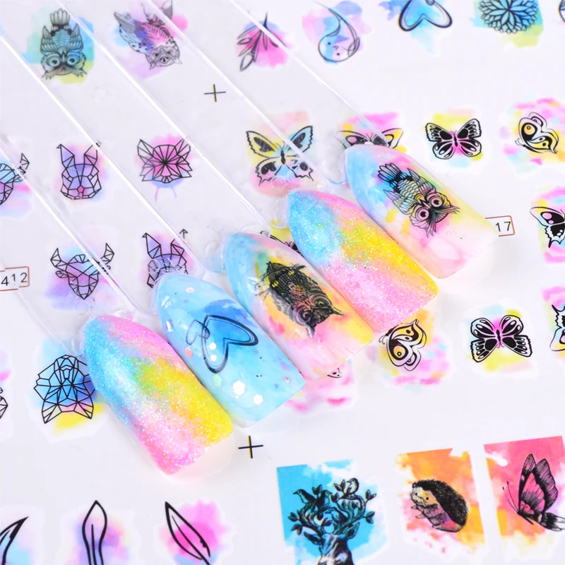 

12 Styles Gradient Nail Art Water Transfer Sticker Owl Butterfly Feather Decals Wrap Watercolor Manicure Decor Tool JIBN409-420