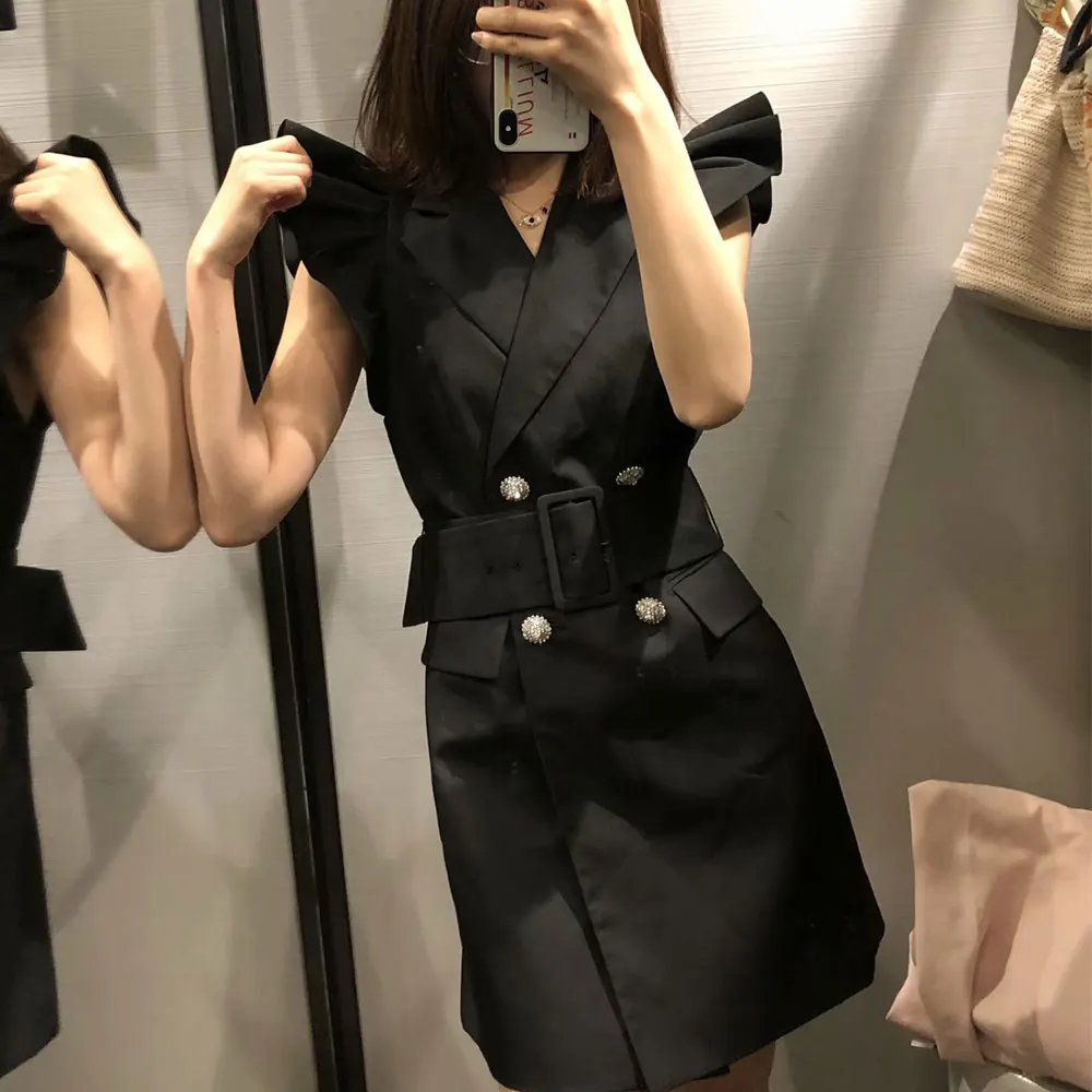 2019 новое черное двубортное тонкое платье женский широкий ремень Vestidos Для женщин