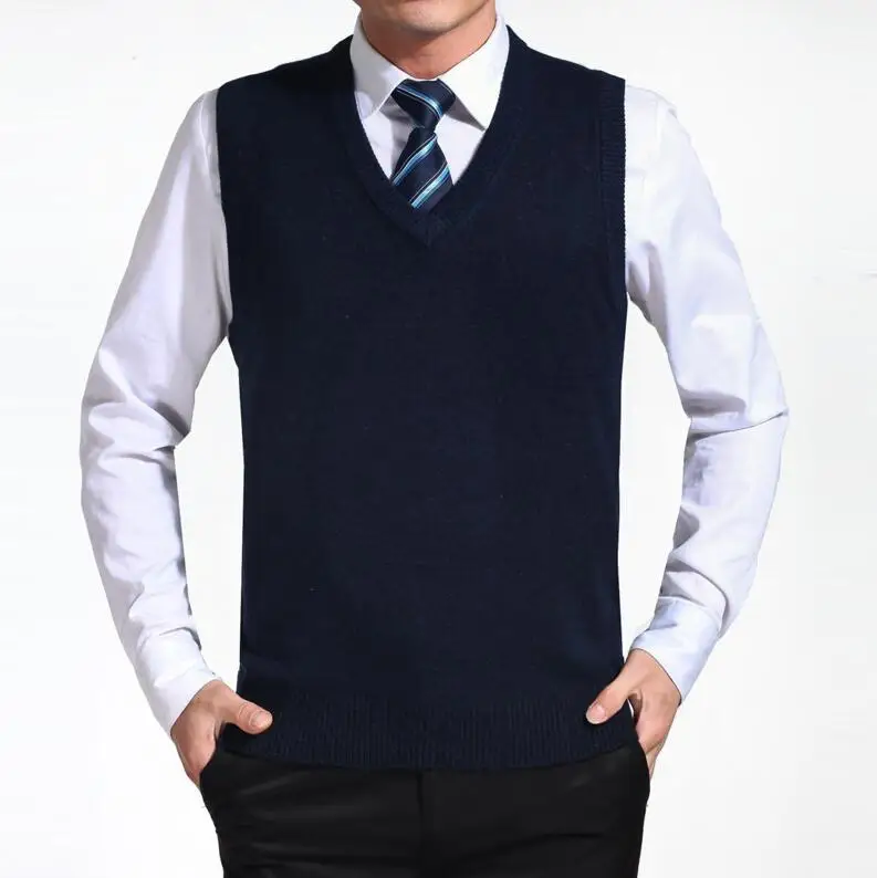 Новое поступление Повседневный Однотонный свитер жилет мужской кашемировый свитер шерстяной пуловер мужской модный жилет большой размер 3XL - Цвет: navy blue