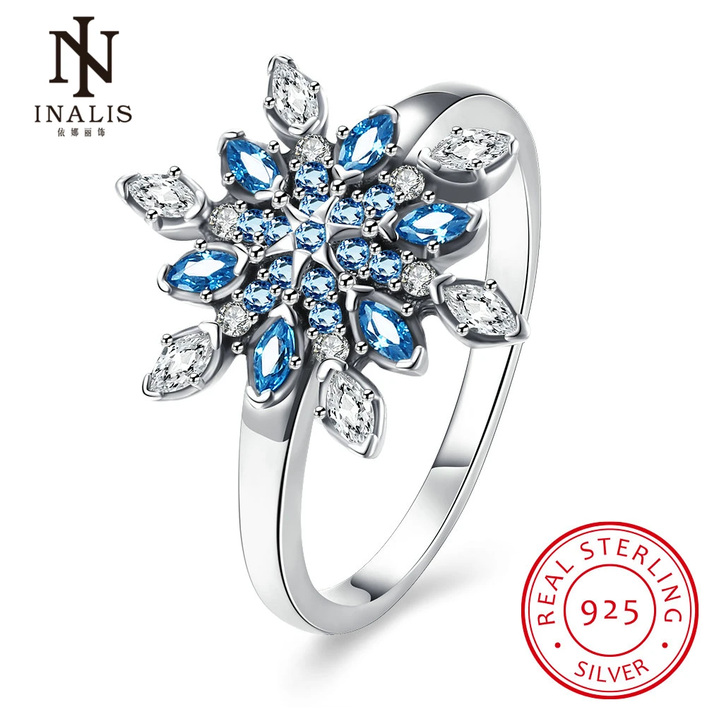 

INALIS 2018 Brand New Hot Collection 925 Sterling Silver Crystal Snowflake, Blue Crystals & Clear CZ Ring Jewelry