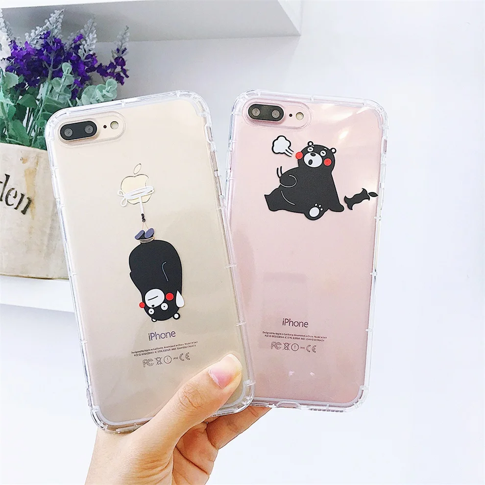 

DTFQ Japan Cartoon Kumamon Anti-knock Embossed Phone Cover Soft TPU Clear Back Case for iPhone Xs Max XR 6s 7 8 Plus