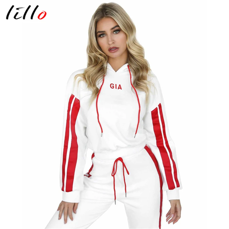 

Macheda 2019 Autumn 2 Piece Set Women Tracksuit Sportswear Casual White Red Sweat Pants Hooded Cropped Sweatshirt Hoodie