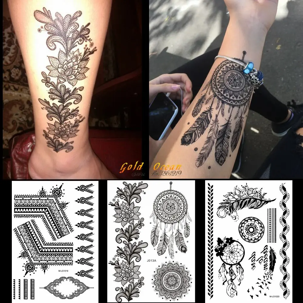 1PC Hot Black Henna Tattoo Sticker Dreamcatcher Design GBJ013 India  Sunflower Large Flower Chains Wedding Pattern Tattoo Feather