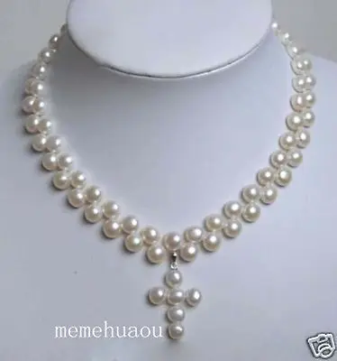 

Hot sale Free Shipping>>>>>7-8mm Cultured White Freshwater Pearl CROSS PENDANT Necklace 17