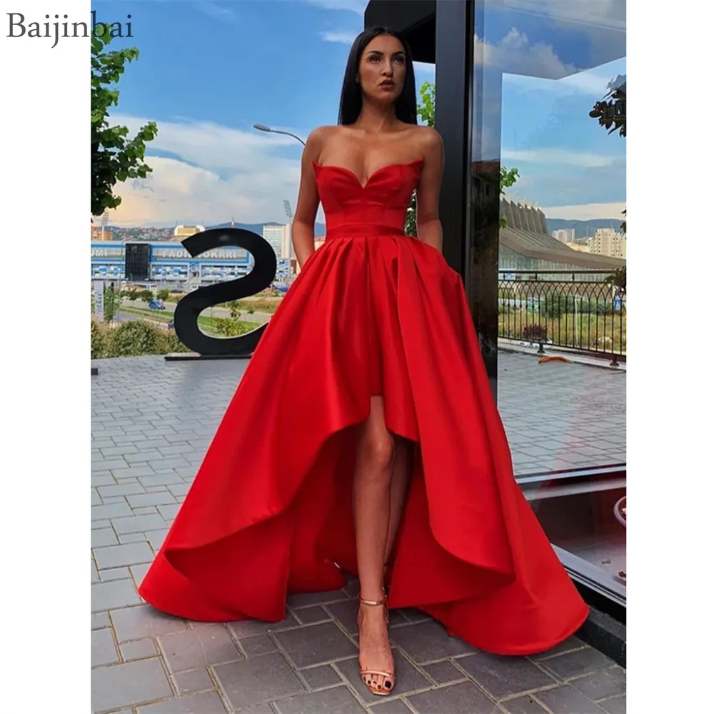 

Baijinbai Womens Sweetheart High Low Prom Dresses Sweetheart Satin Evening Formal Gowns with Pockets Prom Graduation Dress Red