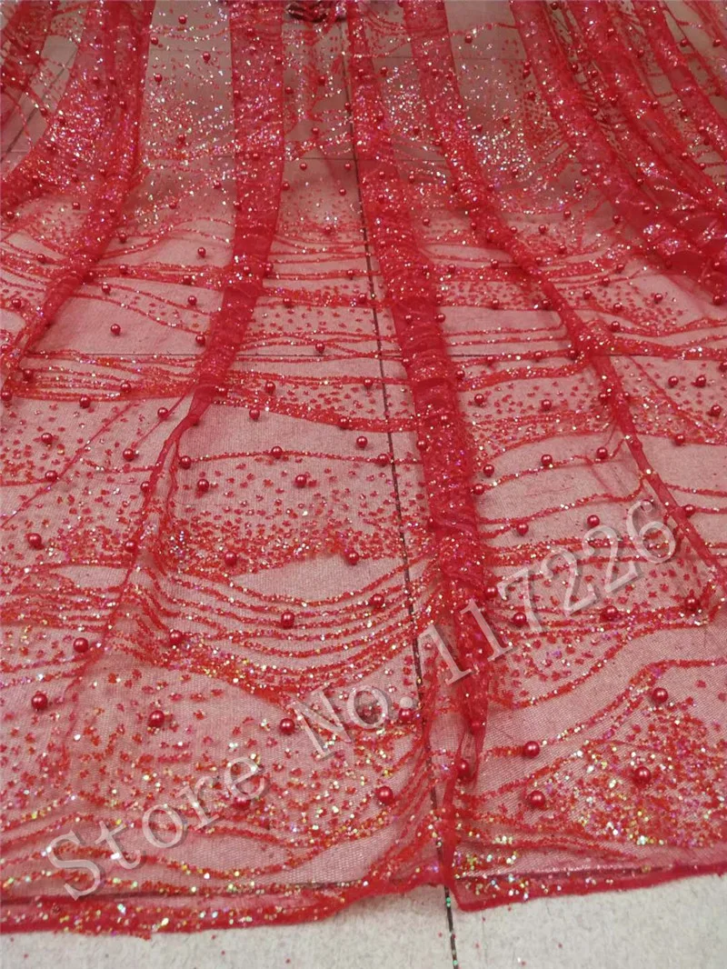 

Red color 5 yards glued glitter lace fabric with pearls on sale JRB-32916 glitter mesh material for evening dress