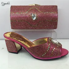 Fúcsia bonito bomba sapatos combinando com saco da noite Africano conjunto com strass para casamento/partido salto GY12 6 cm