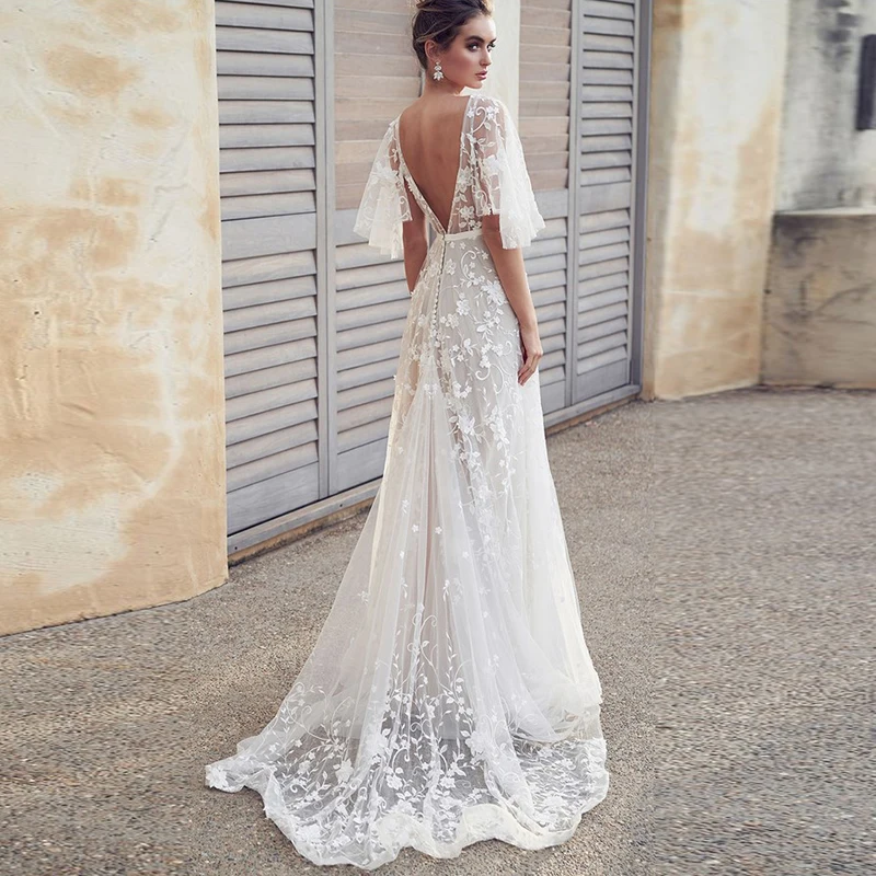 

Mesh Embroidery Fishtail Mopping Dress Skirt Dress White Sexy Lace V-neck Short Sleeve Halter Dress Party Dress