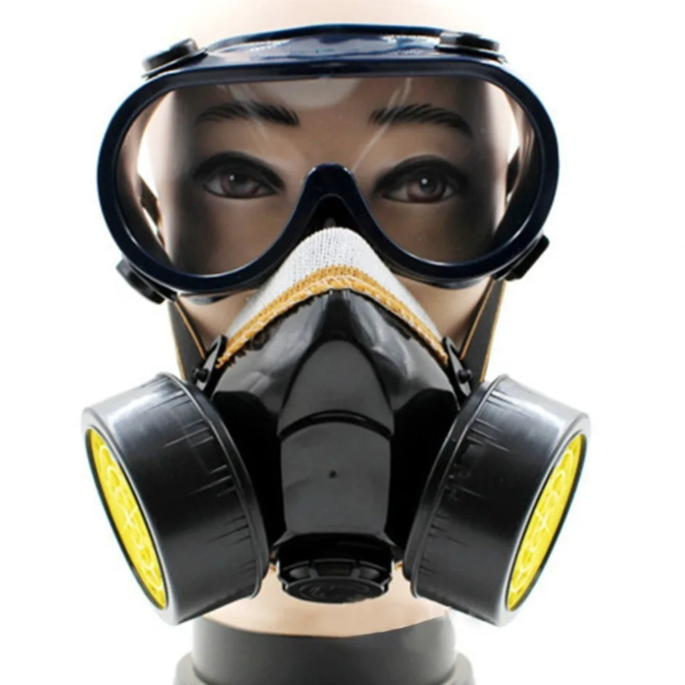 المزدوج خرطوشة مكافحة الغبار قناع السلامة الكيميائية اللوحة الغاز تنفس تصفية مع نظارات السلامة الصناعية معدات