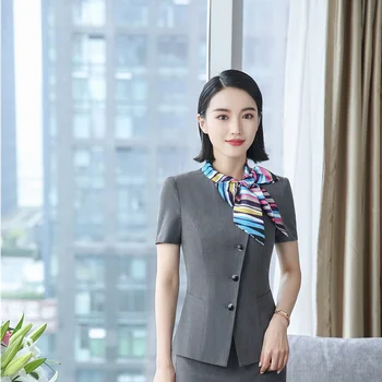 

New 2018 Summer Short Sleeve Formal Blazers & Jackets Coat For Women Business Work Wear Tops Blazer Outwear With Scarf Grey