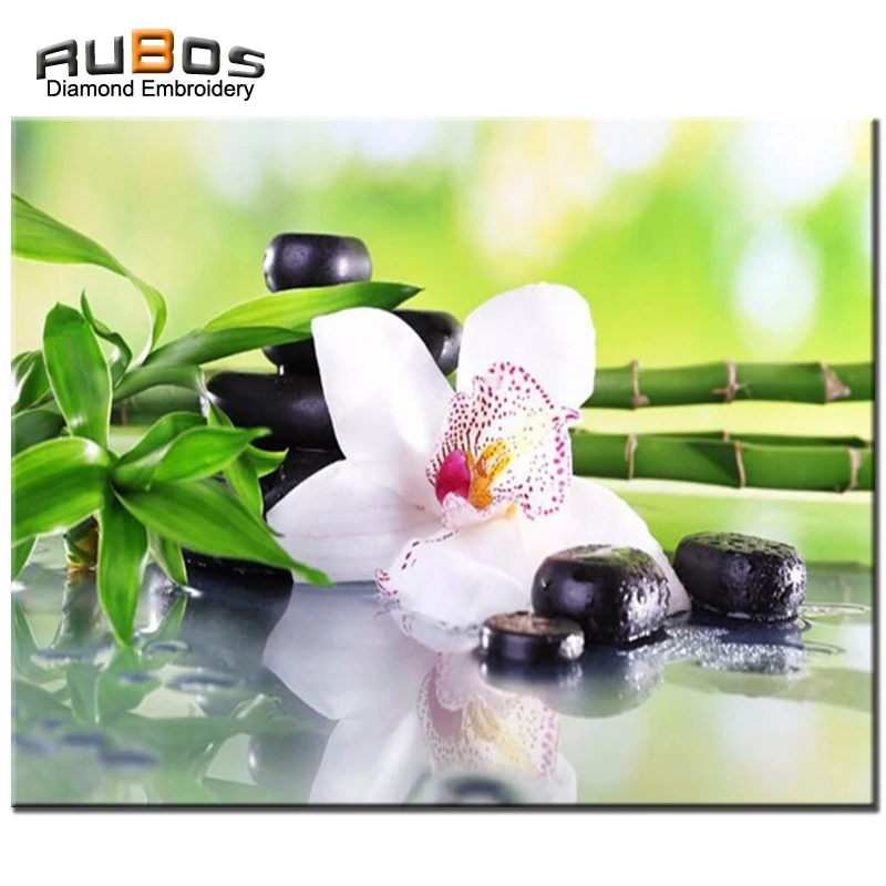 RUBOS White Orchid 5D Diamond Mosaic bamboo stone DIY diamond embroidery painting flowers 3D full round pasting area sale hobby (1)