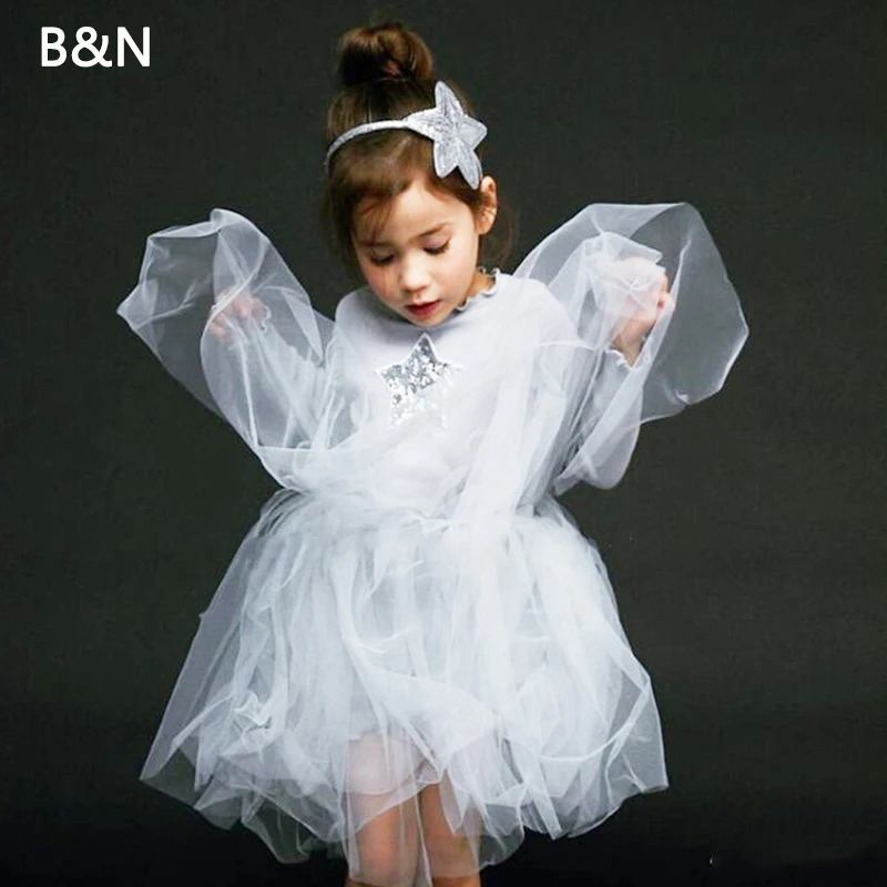 

B&N Princess Girl Dress Long Sleeve Tutu Dress Sequins Star Sweet New Autumn Party Baby Girl Dresses Loving Mesh Girls Clothes