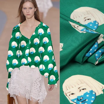 

135CM Wide 12MM Cartoon Girls Print Thin Green Silk Crepe de Chine Fabric for Summer Dress Shirt Clothes Cheongsam D976