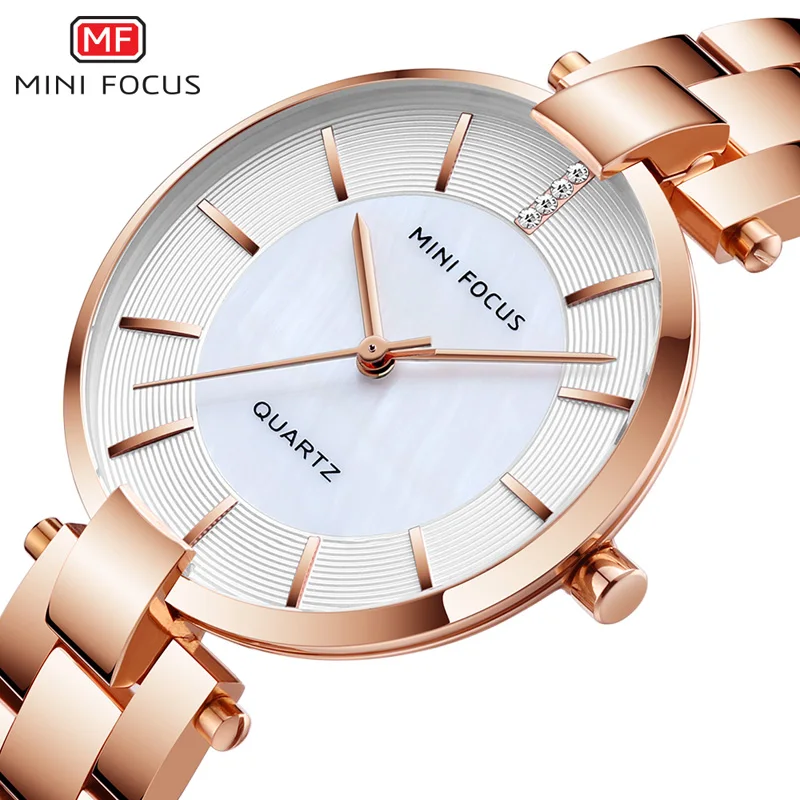MINI FOCUS Women's Rose Gold Wrist Watches Simple Stainless Steel Bracelet Waterproof Dress Quartz Watch for Lady Woman 0224Rose