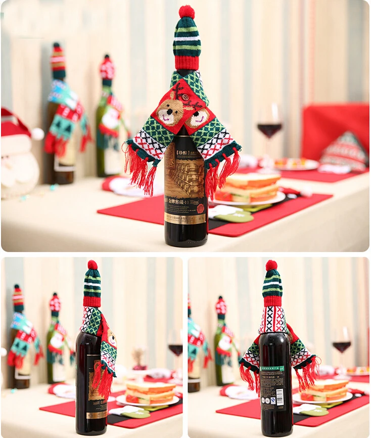 Рождественская Крышка для бутылки вина Рождественский милый узор вязаный винный свитер на бутылку чехол для Декор для обеденного стола - Цвет: C
