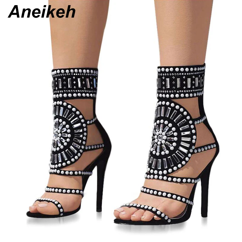 online Aneikeh Projeto Da Forma Das Mulheres Do Dedo Do Pé Aberto Strass Sandálias de Cristal do Salto Alto Tornozelo Envoltório Glitter Diamante Gladiador Preto Tamanho 35 40