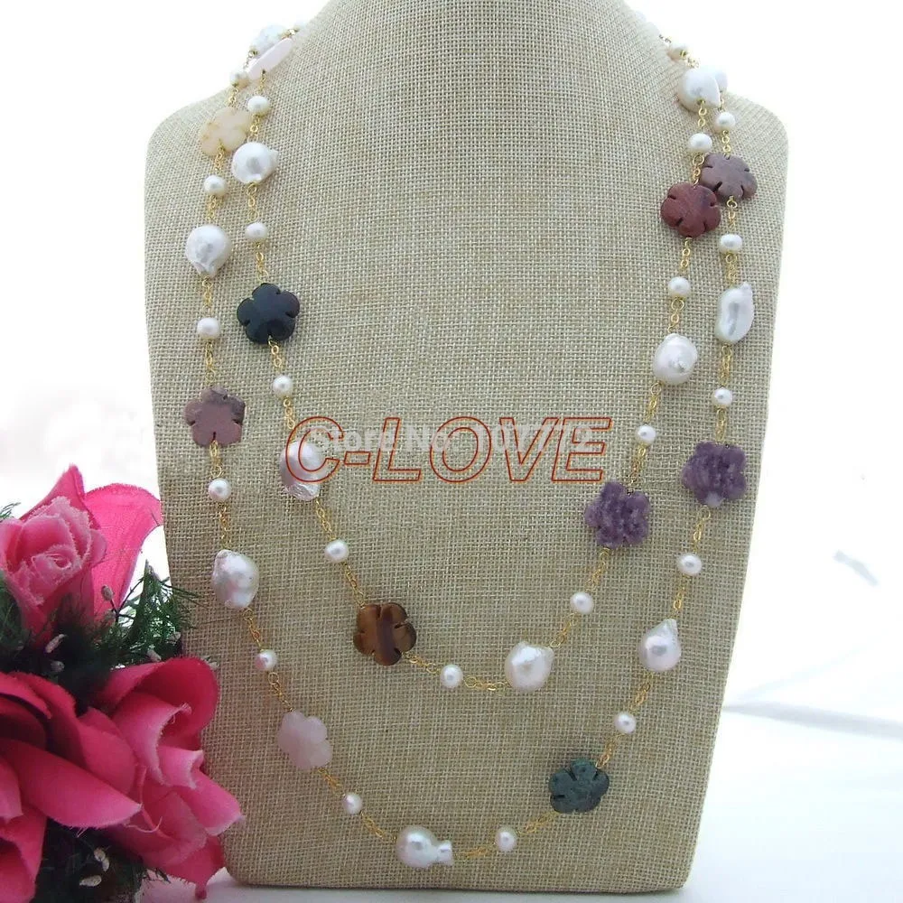 

60'' 13x18MM White Keshi Pearl Stone Flower Necklace