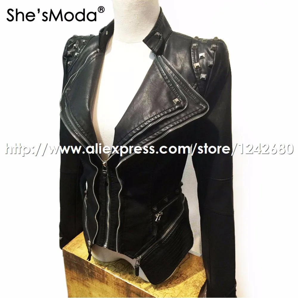 astounding  She'sModa PU Leather Slim Rivets Women's Sharp Power Studded Shoulder Motorcycle Tuxedo Coat Jacket