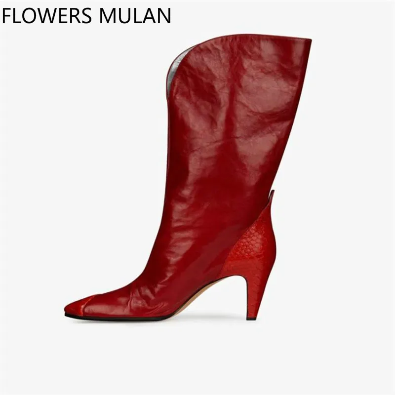 

2018 Winter Fasahion Show Women Short Boots Pointed Toe Patchwork Snake Leather Toe And Back Kitten Heel Botas Slip On Shoes