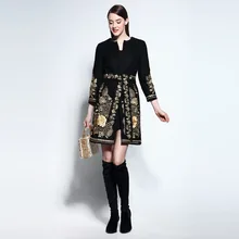 Runway Noble 2016 Autumn&Winter Gold Flower Embroidery Long-sleeve Covered Button Sashes Wool Slim Coat Outerwear