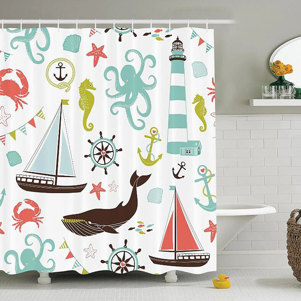 

Fabric Shower Curtain, Whale Shark Seahorse Sea Creatures Rope and Anchor Octopus Coral Crab Marine Lighthouse Ocean Theme Home