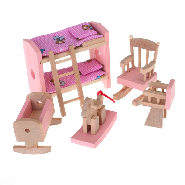 1:12 Scale Doll House Furniture Wooden Miniature Baby Nursery Room Crib Chair Bed Kids Children Gift Pretend Play Toys Pink