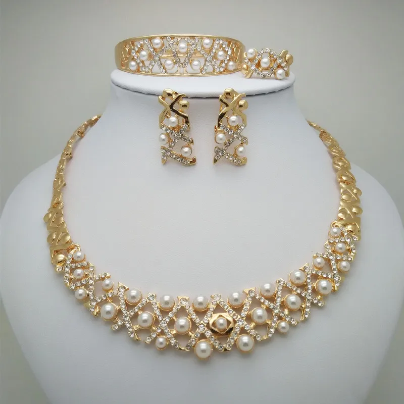 

Kingdom Ma African Beads Pearl High-quality Jewelry Set Gold Color Rhinestone Necklace Wedding Engagement Jewelry Sets for Women