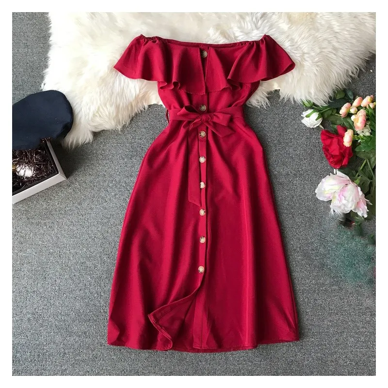 

2019 Fashion Women Ruffles Summer Dress Soild Single Breasted Chiffon Dress High Waist Slash Neck Knee Length Dress