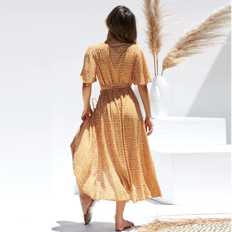 Женское сексуальное длинное летнее платье с цветочным принтом богемский V шеи короткий рукав, разрез Макси пляжное платье открытое легкое платье