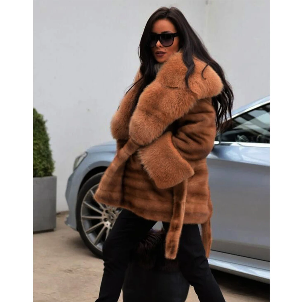 Fluffy Manteaux De Importer Ceinture Avec Fox Pardessus D'hiver Col Véritable Fourrure Pelt Chaud Light Manuel Coffee Vison Femmes Mode Complet Réel wFgY8