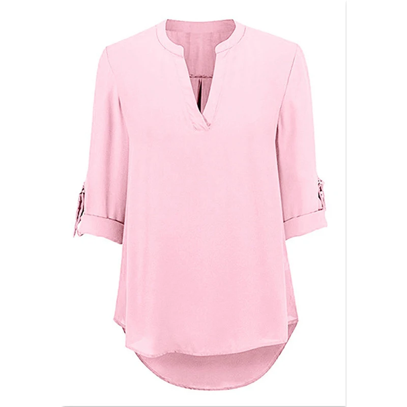 Женские летние модные рубашки с v-образным вырезом и длинным рукавом, однотонные рубашки с пуговицами, повседневный удобный топ - Цвет: Розовый
