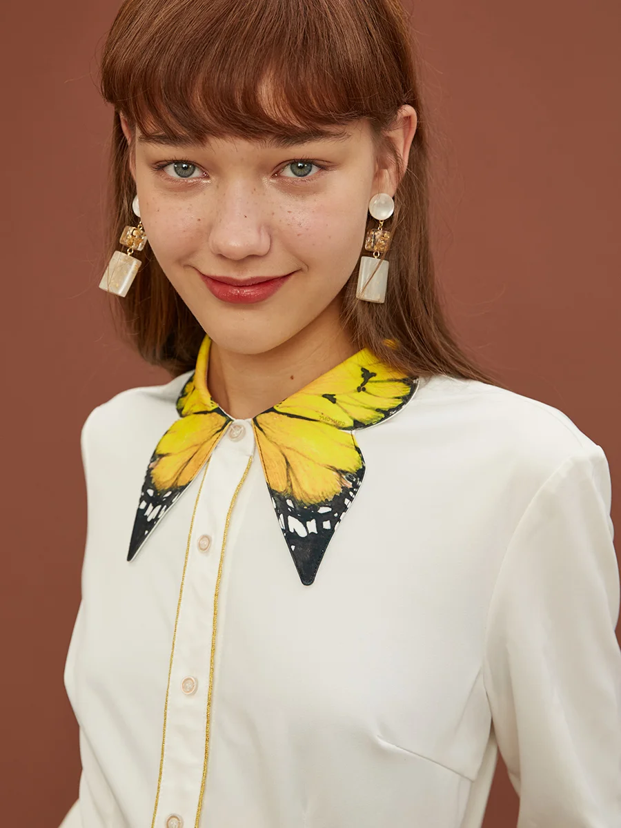 

LYNETTE'S CHINOISERIE Spring Autumn New Arrival Original Design Women Vintage Elegant Exquisite Butterfly Print Collar Shirt